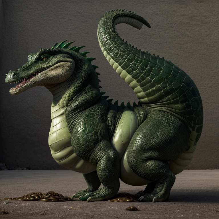 ((((A very obese emerald-colored crocodile, Emerald scales, ass up, A lot of poop, feral, on all fours, tail up, anal excessive poop leaking, duo, holding tail, doggystyle, anal)))), Wild ferocious crocodile, Spiky scales all over the body, A glittering silver mane, Very short legs, Screaming facial expression, Roaring crocodile face, Backward body, Reptile Eyes, Longitudinal pupils, A body covered with a lot of fat, Abnormally obese head, A lot of fat on the neck, A belly so obese it covers the ground, Fat gap, Abdomen swollen enough to touch the ground, A huge, mountain-like swollen abdomen, Abnormally fat arms, Overweight and flabby legs, A body that seems to be crushed by a huge abdomen, A body that fills the screen, Rubble background, All fours pose, Wet scales all over the body, Soaking wet, ((((feral, side view))))