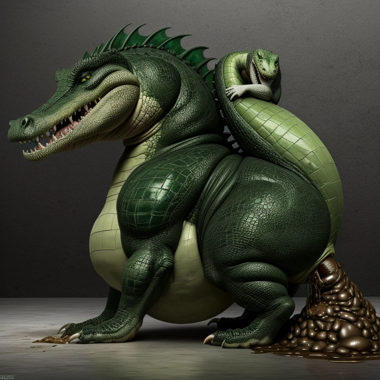 ((((A very obese emerald-colored crocodile, Emerald scales, ass up, A lot of poop, feral, on all fours, tail up, anal excessive poop leaking, duo, holding tail, doggystyle, anal)))), Wild ferocious crocodile, Spiky scales all over the body, A glittering silver mane, Very short legs, Screaming facial expression, Roaring crocodile face, Backward body, Reptile Eyes, Longitudinal pupils, A body covered with a lot of fat, Abnormally obese head, A lot of fat on the neck, A belly so obese it covers the ground, Fat gap, Abdomen swollen enough to touch the ground, A huge, mountain-like swollen abdomen, Abnormally fat arms, Overweight and flabby legs, A body that seems to be crushed by a huge abdomen, A body that fills the screen, Rubble background, All fours pose, Wet scales all over the body, Soaking wet, ((((feral, side view))))