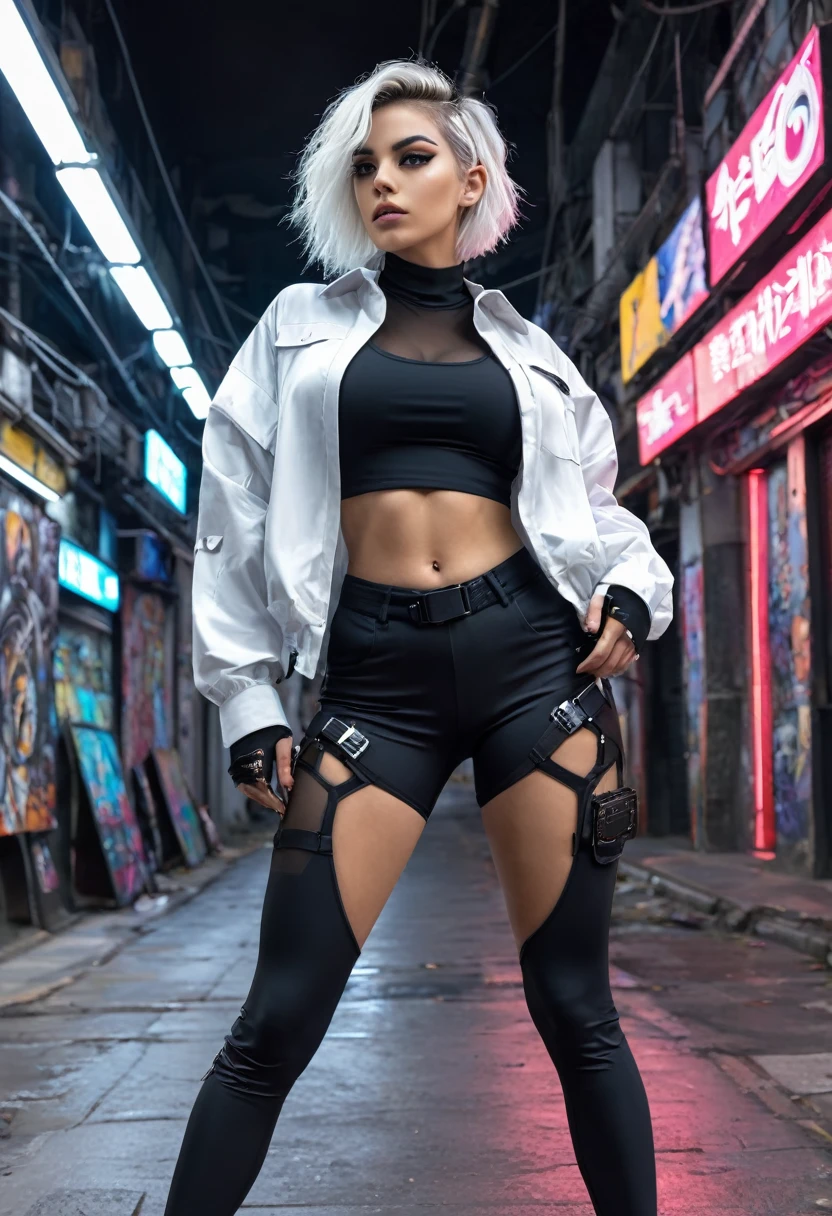 1 garota, tiro de perto, (cabelo branco, medium hair, olhos vermelhos), Anatomia perfeita, cidade, Estilo Cyberpunk, ((camisa branca, jaqueta preta, black pants, sobretudo futurista, cinto, luvas pretas, wristwatch, brincos, see through black leggings)), ((segurando arma)), guerra, ruinas cidade, , buildings
