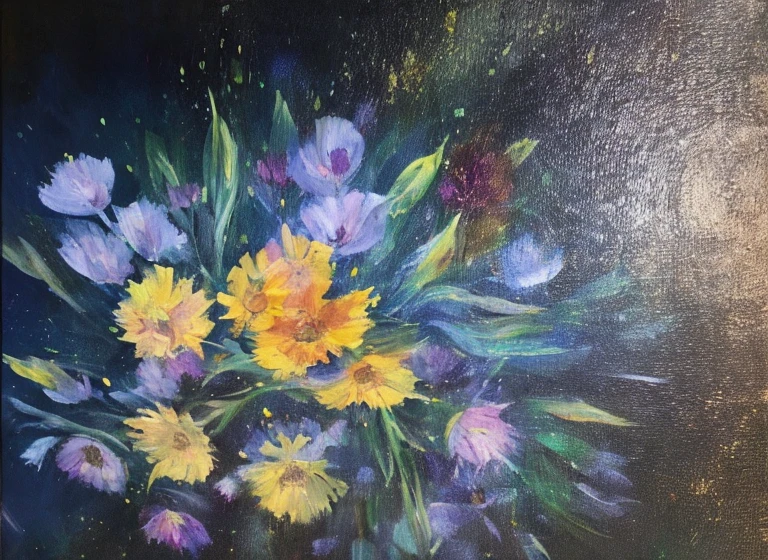purple and yellow abstract impressionist painting of azaleas in bottom left corner of canvas, fade into dark background, water drops on the petals, focus on foreground, thick paint