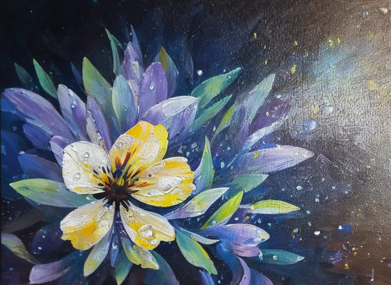 purple and yellow abstract impressionist painting of azaleas in bottom left corner of canvas, fade into dark background, water drops on the petals, focus on foreground, thick paint