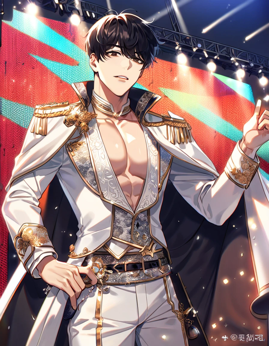 (absurdres, highres, ultra detailed, HDR) master piece, best quality, perfect face, delicated features, Kim Dokja, black hair, expressive brown eyes, Omniscient reader's viewpoint, solo, sexy man, handsome, toned chest, white idol clothes with accessories, idol, patterns, cape, stage, lights, shining, flowers