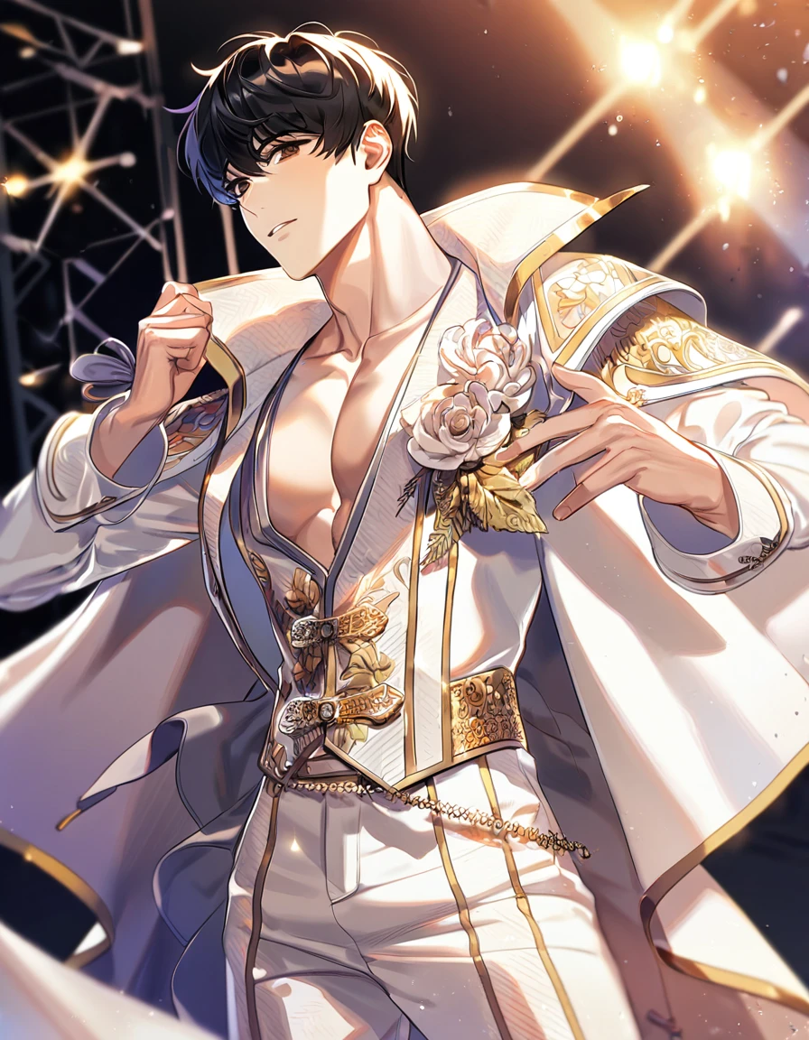 (absurdres, highres, ultra detailed, HDR) master piece, best quality, perfect face, delicated features, Kim Dokja, black hair, expressive brown eyes, Omniscient reader's viewpoint, solo, sexy man, handsome, toned chest, white idol clothes with accessories, idol, patterns, cape, stage, lights, shining, flowers