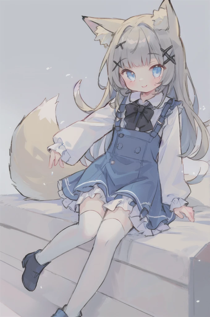 1 Girl, Solitary, Bangs, blue eyes, Hair accessories, x Hair accessories, bow, Fox ears, Fox Tail, Gray hair, flat chest, Blue Dress, White boots, Black over-the-knee stockings, Separate sleeves, Collared shirt, Wrist sleeves, Smile,