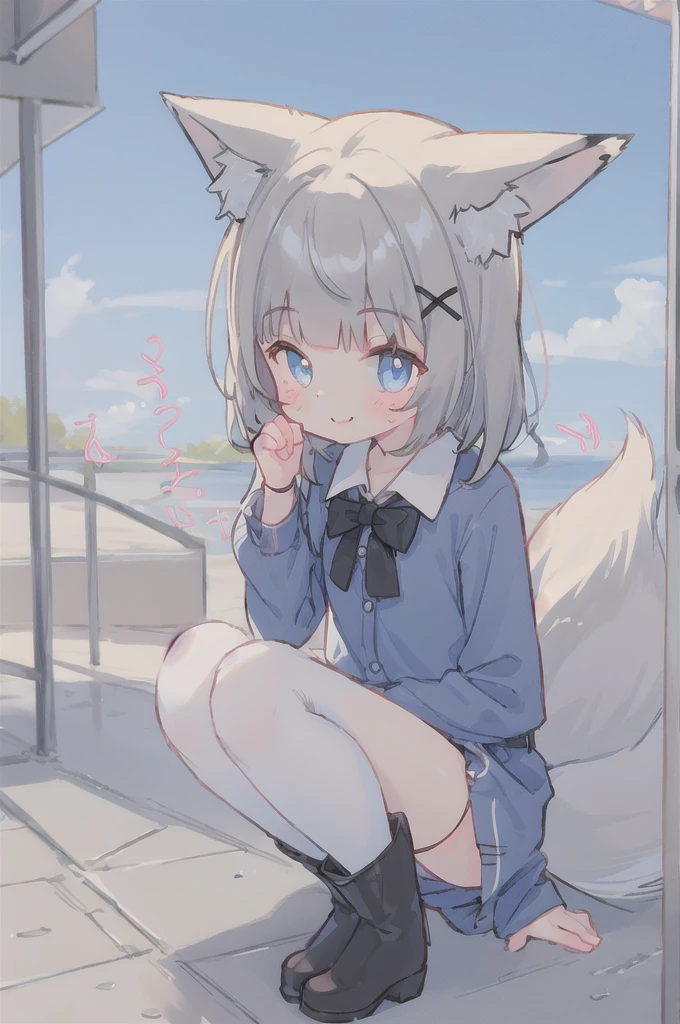 Solo, kemono, femboy, white hair, light blue eyes, wear white hoodie, wear black skirt, blushes, smile open mouth, stand on pier, ocean behind, yacht and boat on ocean background, high details, night time