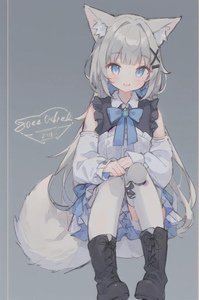 1 Girl, Solitary, Bangs, blue eyes, Hair accessories, x Hair accessories, bow, Fox ears, Fox Tail, Gray hair, flat chest, Blue Dress, White boots, Black over-the-knee stockings, Separate sleeves, Collared shirt, Wrist sleeves, Smile,