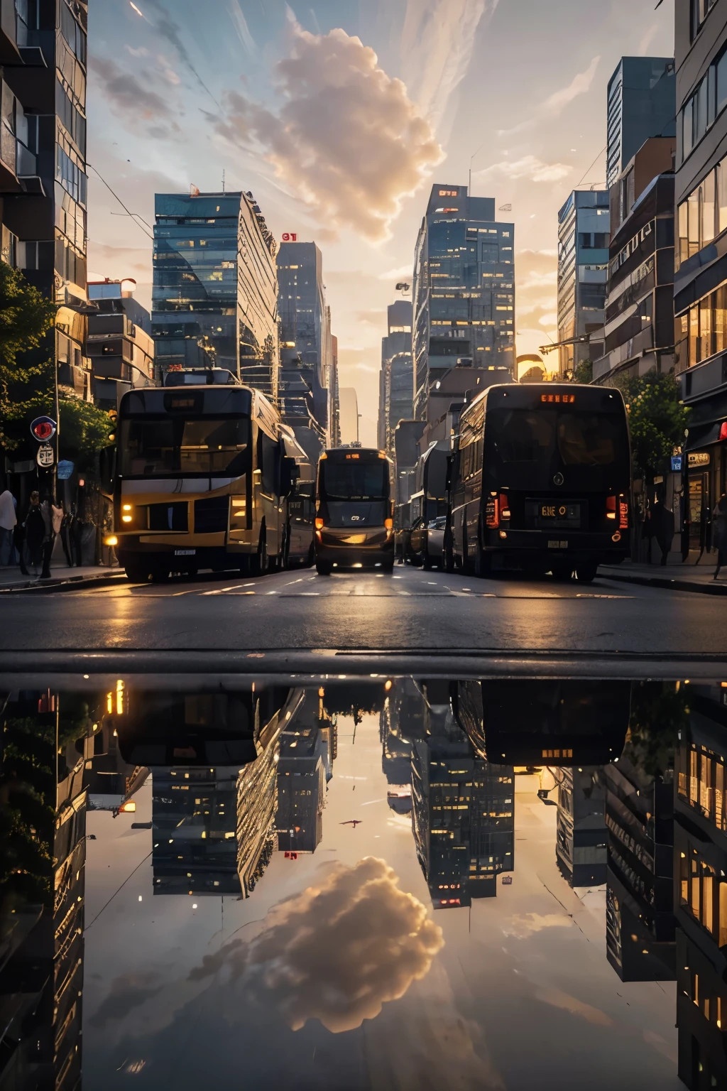 Image of the cityscape with congested streets, an evening scene with a golden sunset reflecting off glass buildings, creating a warm and glowing atmosphere, pedestrians and vehicles blending into the urban landscape, calm and reflective mood as the city transitions from day to night, 3D rendering, created using Blender with realistic lighting and textures, --ar 16:9 --v 5