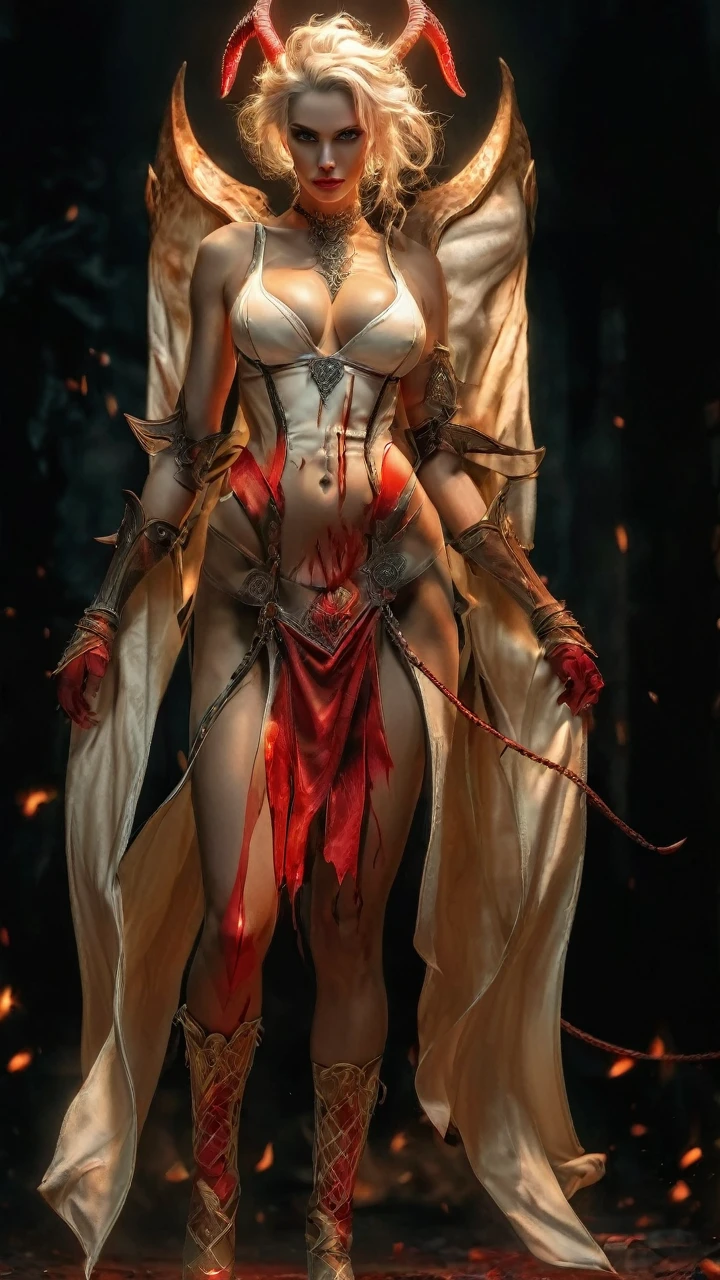 (((skulls on the ground))), (((Make a blood sacrifice))), (carnage:1.5),(black and white demoness:1.5),(beautiful female model:1.5), (((Large breast:2.0o))), (demoness with Large horns:1.25),(1 super muscular with flayed skin:1.5), (perfect anatomy:1.5), high detail, best quality, masterpiece, finely detail, realistic skin texture, insanely detailed, intricate, glowing white eyes, dark hair, glowing white background, holding whip, hair bun, beautiful female face, white skin. black and white demoness:1.5, Hyperrealism, breathtaking, ultra realistic, ultra detailed,85 mm art lens, f 1.2, sharp focus, 8 k high definition, wide-angle, ultra details, ultra detailed photo of a black and white demoness, Hyperrealism, breathtaking, ultra realistic, ultra detailed, cinematic lighting, photography, stunning environment, wide-angle, , medieval, Dark room, low key light, Masterpiece, Realistic,