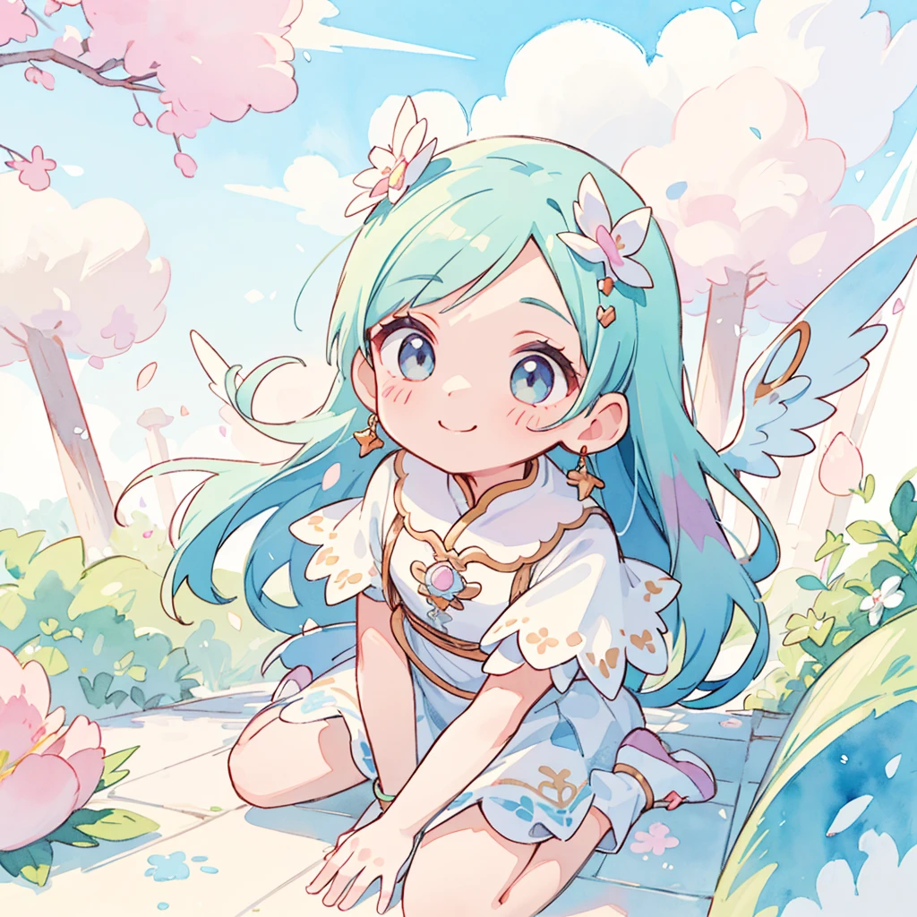 (Pastel colors:1.3)、(Cute illustrations:1.3)、(Watercolor:1.1)、
Detailed background、1 Girl、Charming smile、Exquisite and detailed、Moya、Colorful、marble、Light Particles、pattern、
Detailed picture、Vibrant colors、sharp contrast、Intricate details、Delicate depiction、luminescent、whole body、
Beautiful facial features、brightly colored eyes、Wearing intricate and delicate jewelry、luminescent光环、radiant hair、Girl running up stairs in clouds wearing winged shoes
