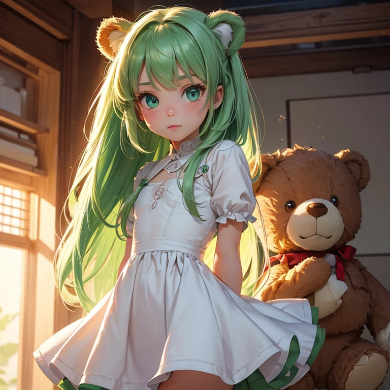 Masterpiece, best quality, 8K Wallpaper, HDR, octane rendering, (A , cute face: 1.3), (4  girl), alone, (Cute: 1.0), (small body, little white dress) , (long green hair), (beautiful and detailed green eyes), shy face, blush, (Cute and detailed face with perfect symmetry), (cowboy shot), (Standin in a biological laboratory holding a brown teddy bear), (body with perfect anatomy, perfect natural texture, high details, glowing skin), cinematic lighting, vivid colors, detailed illustration, depth of field.