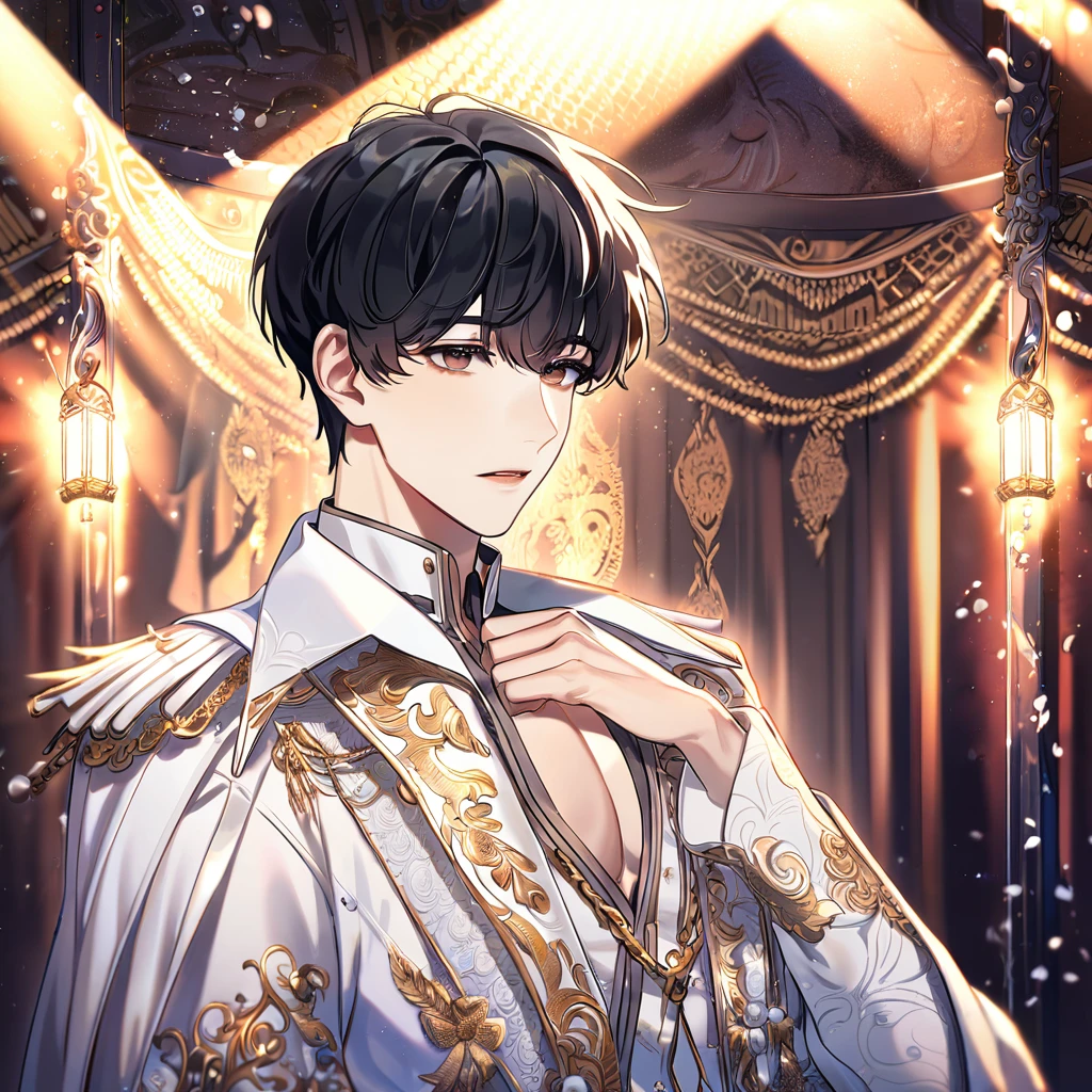 (absurdres, highres, ultra detailed, HDR) master piece, best quality, perfect face, delicated features, Kim Dokja, black hair, expressive brown eyes, Omniscient reader's viewpoint, solo, sexy man, handsome, toned chest, white idol clothes with accessories, idol, patterns, cape, stage, lights, shining, flowers