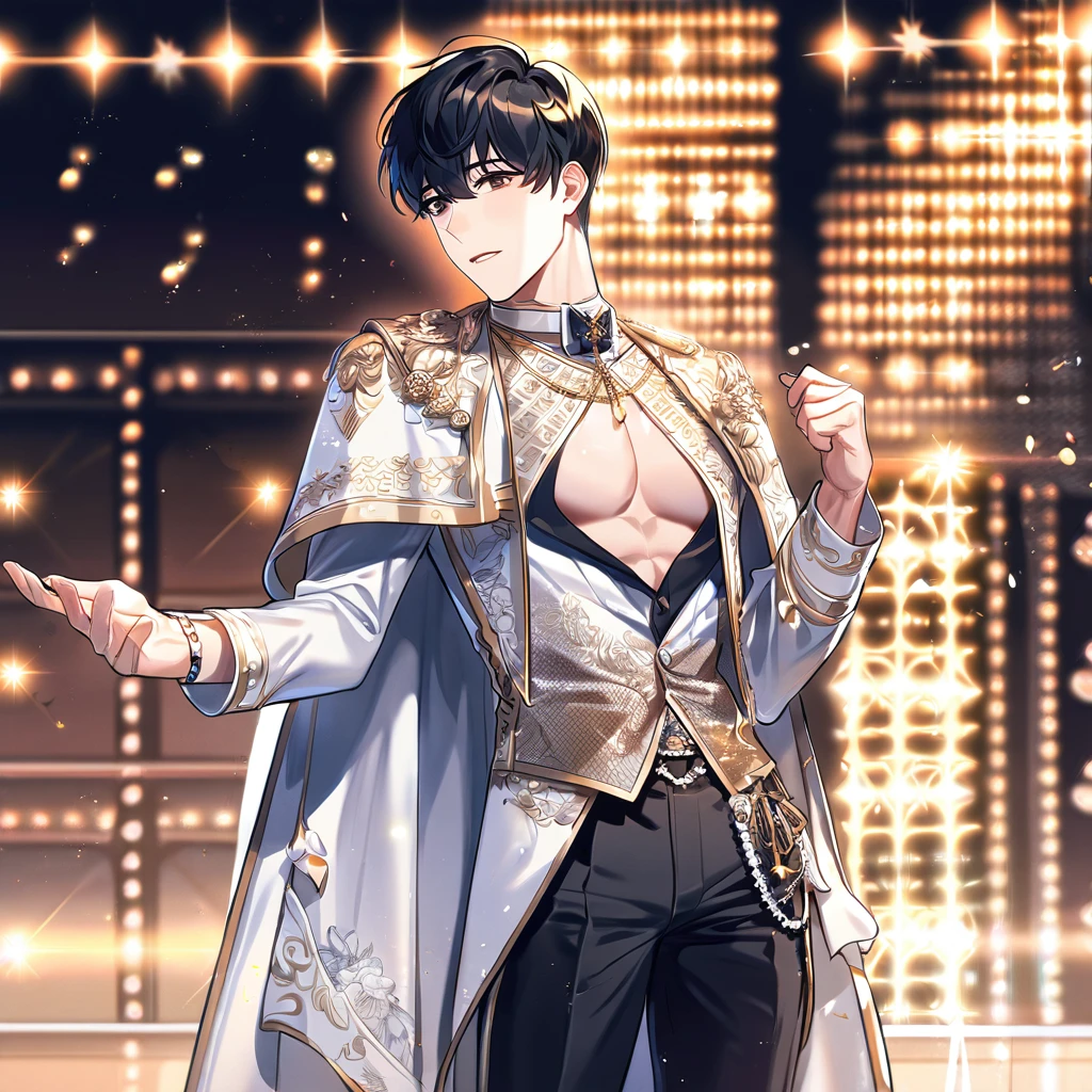(absurdres, highres, ultra detailed, HDR) master piece, best quality, perfect face, delicated features, Kim Dokja, black hair, expressive brown eyes, Omniscient reader's viewpoint, solo, sexy man, handsome, toned chest, white idol clothes with accessories, idol, patterns, cape, stage, lights, shining, flowers