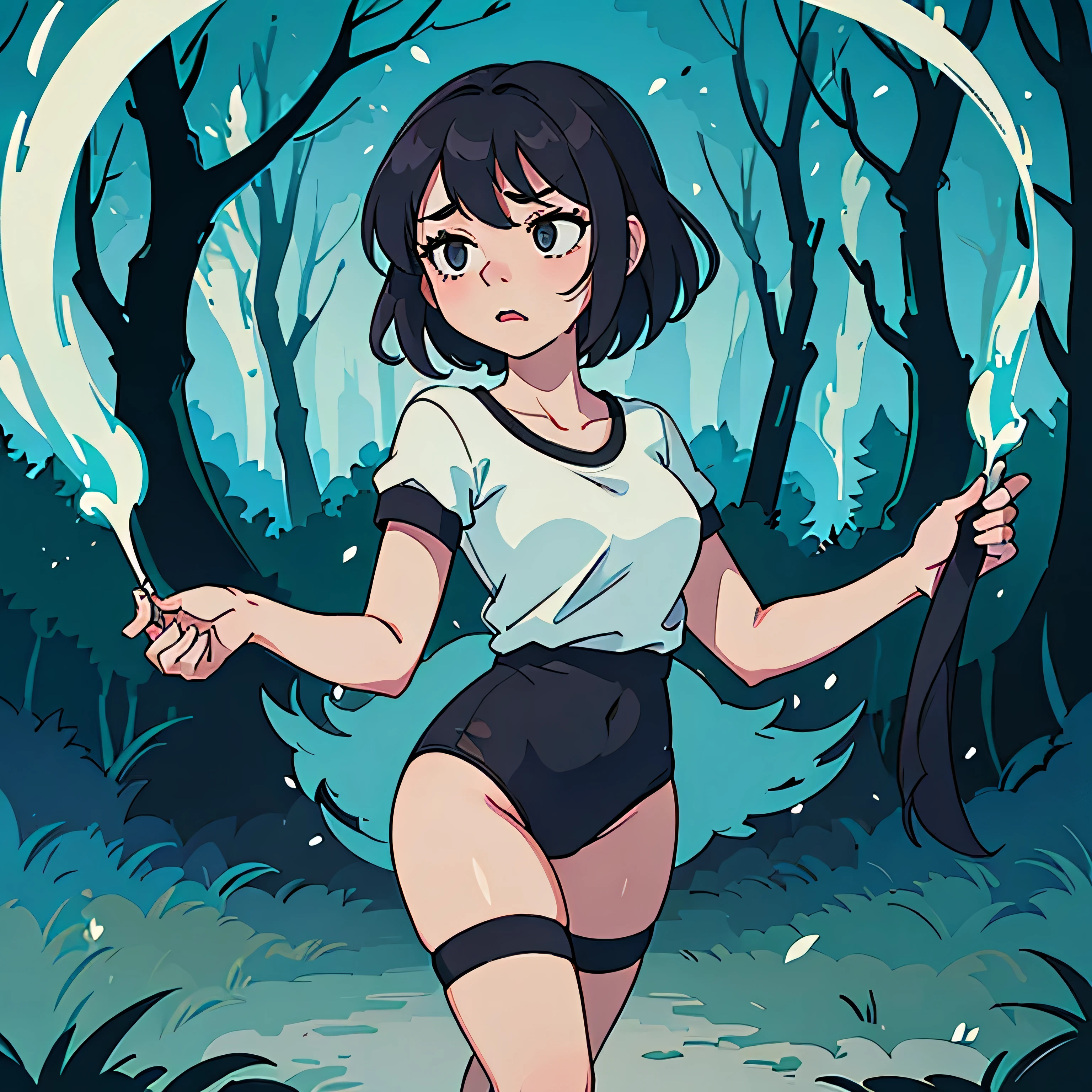an comic image of the forest with cute kinky woman with (no pants and no skirt) is escaping from danger. (t-back panties), full-length black tights, The scene is set in a softly lit, masterpiece quality, sensuality, upset expression