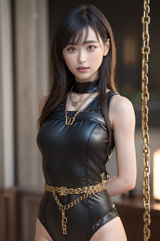 highest quality, masterpiece, (Original photo, Professional photography, photoRealistic, Realistic:1.3), Highly Detailed CG 16K Unity Wallpaper, (Best aesthetics, Natural light:1.1), Ultra-high resolution, (Correct Anatomy:1.5), ((Highly detailed skin texture:1.1)), ((from the front:1.3)), 1 girl, Big Breasts、Wide Hips、Japanese women, alone, View Viewer, Cowboy Shot, (whole body、Completely naked), (), (24-years-old:1.1), (Looks younger than his actual age:1.3), Brown Hair, Pretty detailed skin, Dark Eyes, ((thin目:1.4)), Detailed nose, beautiful唇,beautiful:1.3), ((1.5)), ((a bit, thin:1.4)), ((beautiful胸:1.2)), (((Put your arms behind your back, Suppressed, shibari, Chain:1.5))), (((Standing:1.4))), (((indoor, Midnight, Dark Room, :1.2)))