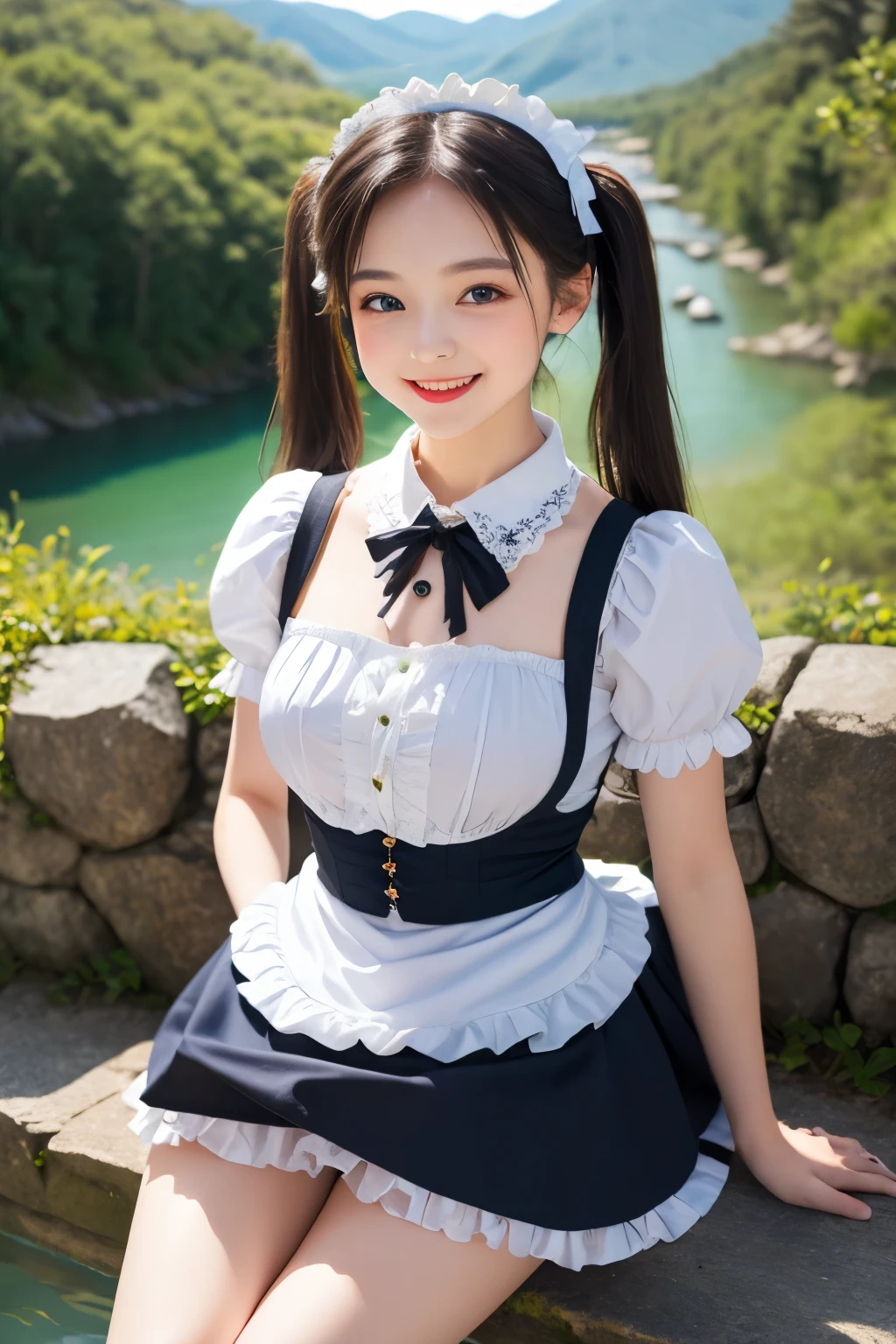 ((Real Photo Quality))、((masterpiece)), ((highest quality、Ultra high definition)), (Very detailed),8K、Photo quality、(((Amazingly cute girl))), 16-year-old girl, (Beautiful emerald blue eyes), ((smile)),Glossy lips、In the open-air bath overlooking the sea, Beautifully arranged black hair in twin tails、Lace fabric ribbon、whole body、((Super high-end white see-through summer gothic lolita maid costume、A super mini skirt with lots of frills))、Professional Lighting、(White lace knee-highore detailed and beautiful)、(More details and cutenesore realistic)、