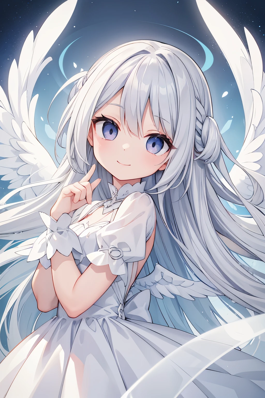 Silver hair, girl, right eye hidden by hair, long hair, white dress, smiling, angel wings, plains