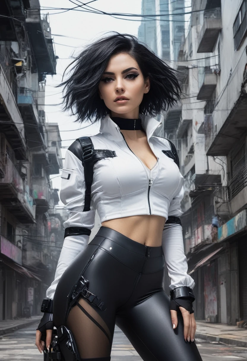 1 garota, tiro de perto, (cabelo branco, medium hair, olhos vermelhos), Anatomia perfeita, cidade, Estilo Cyberpunk, ((camisa branca, jaqueta preta, black pants, sobretudo futurista, cinto, luvas pretas, wristwatch, brincos, see through black leggings)), ((segurando arma)), guerra, ruinas cidade, , buildings
