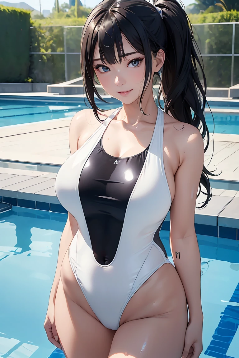 high resolution, extremely detailed CG, unity 8k wallpaper, super detailed skin, perfect anatomy, detailed, cinematic lighting, dynamic lighting, beautiful detailed eyes, High Resolution、Ultra HD、Top quality、Extremely detailed image quality、Realistic woman、A big smile、(1girl:1.8)、Japanese、Peaceful face、45-year-old woman、milf 、Plump body、belly button、Black Hair、long、Shiny skin、Skin that is very shiny after applying oil、High gloss skin、Facing forward、Feminine standing posture、The whole body is reflected、Poolside、Woman wearing(see-through, white one-piece swimsuit:1.5),  (High leg:1.2), (Reflection of light:1.4), High legパンティー, (Bursting huge breasts、Valley、Shiny skin、Glossy skin、Glowing Skin、High gloss skin:1.4)、