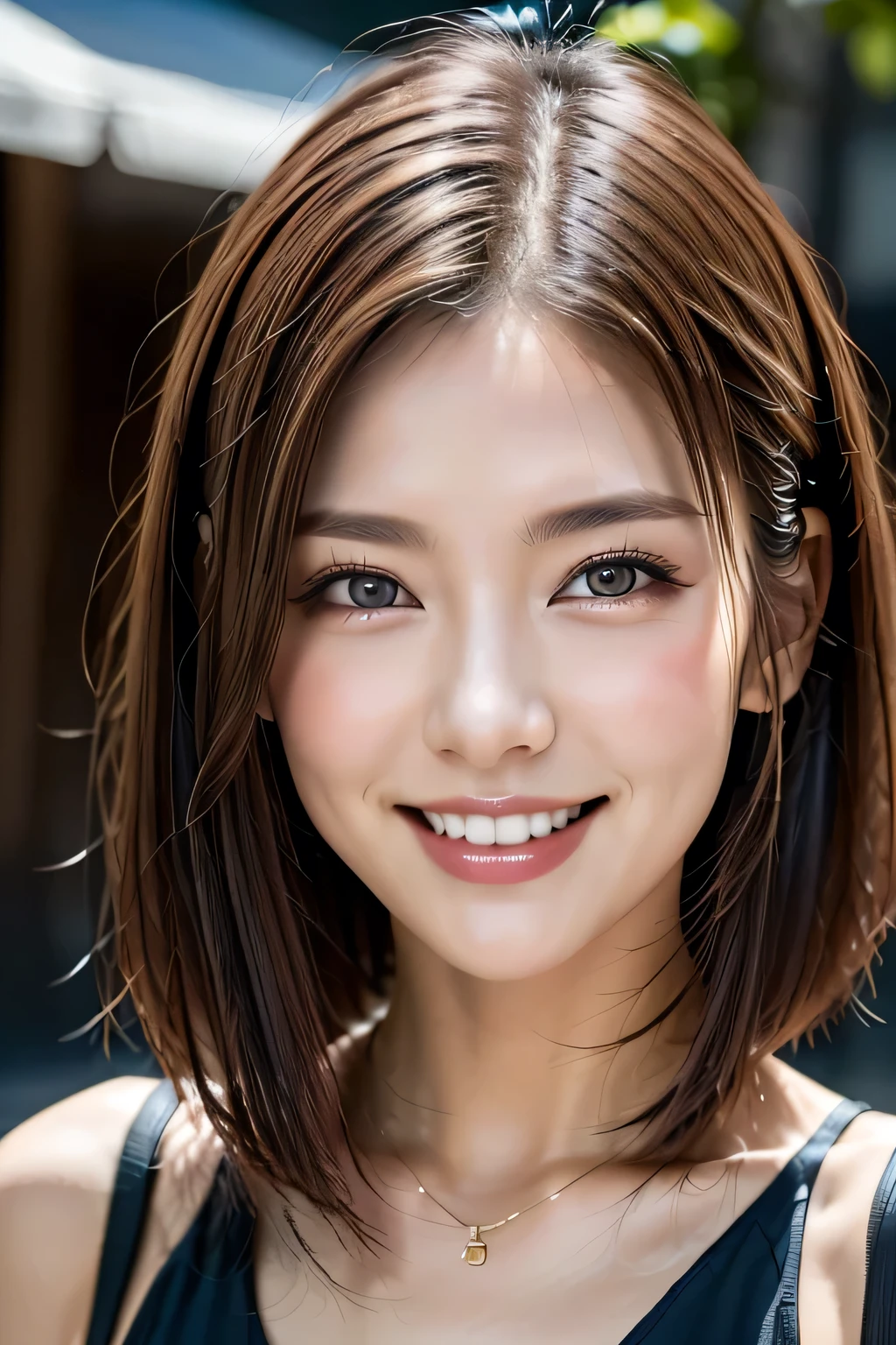 (8k, RAW Photos, highest quality, masterpiece, Realistic, Realistic), (1 female), (The ultimate beautiful middle-aged woman), Highly detailed face, (Perfect Teeth), Beautiful Eyes, double eyelid, eyelash, smile, Lip details, (Neat brunette bob), The light shines on your face, Big Breasts, ((Colorful mini dresses)), (front view), (background: none),  Background blur