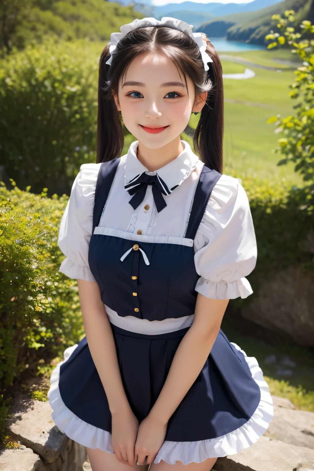 ((Real Photo Quality))、((masterpiece)), ((highest quality、Ultra high definition)), (Very detailed),8K、Photo quality、(((Amazingly cute girl))), 16-year-old girl, (Beautiful emerald blue eyes), ((smile)),Glossy lips、In the open-air bath overlooking the sea, Beautifully arranged black hair in twin tails、Lace fabric ribbon、whole body、((Super high-end white see-through summer gothic lolita maid costume、A super mini skirt with lots of frills))、Professional Lighting、(White lace knee-highore detailed and beautiful)、(More details and cutenesore realistic)、
