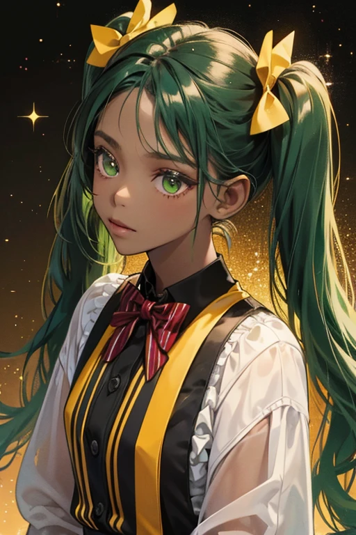  dark green skin with two yellow pigtails and black bows, and wore a white and red striped shirt with a black bowtie. SPARKLE; GLITTER