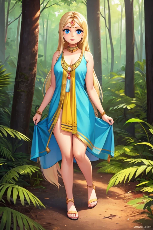 girl, full body in frame, round face, Indian Bengali girl, Instagram influencer, long blonde hair, juicy and shiny lips, cute blue eyes, kurti, and a , naked without clothes, in a forest