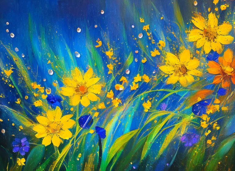 purple and yellow abstract impressionist painting of azaleas in bottom left corner of canvas, fade into dark background, water drops on the petals, focus on foreground, thick paint