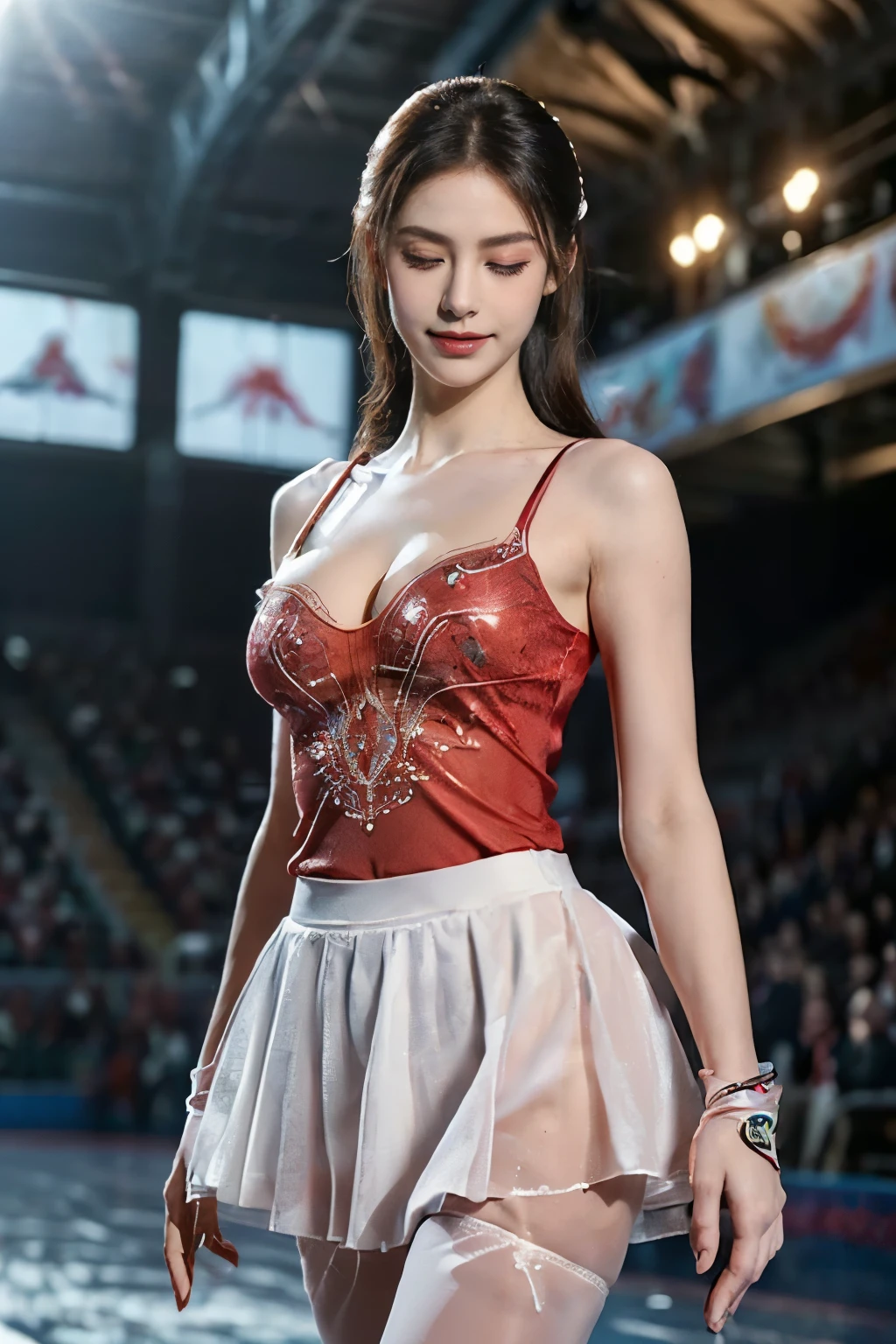 ((((8K))),((Extremely detailed CG)) ,(wallpaper),16K,((Extremely exquisite and beautiful))，(((masterpiece))),(((最OK品质))),(((超high resolution))),Beautiful light,Perfect Lightning,Realistic shadows,[high resolution],(Smooth and flawless fair skin:1.5),(Pale skin:1.3),Extremely delicate facial details,(Perfect body:1.1),Extremely detailed,A girl,Solitary,Small head,(OK:1.1),Small face,Exquisite makeup,(Close your eyes:1.5),Slim,Thin,Happy,(Smile:1.2),(Huge breasts:1.5),Towering chest,((Lace,see through)),(Red figure skating skirt with exquisite embroidery:1.3),cleveage,The skirt flutters,(Slender legs:1.2),(Round buttocks,Pointy hips),underwear,(stocking:1.1),(ice skating鞋:1.2),(Day scene:1.5),indoor,(In the spacious stadium:1.3),(There are many spectators in the stands:1.3),(On the skating rink:1.3),(Detailed background:1.5),(ice skating:1.3),(Dance:1.3),(Dynamic poses:1.2),(Upper Body:1.3),(From the front:1.3),Bright Light