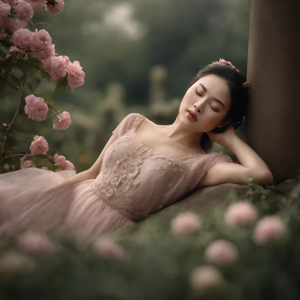 (best quality,4k,8k,highres,masterpiece:1.2),photograph,Detailed close-up of a Chinese woman lying down, with closed eyes and a serene expression on her face. Her body is positioned as though she is at rest, and the scene is set inside a grave. The gravestone is adorned with delicate flowers and surrounded by sand, creating a peaceful and tranquil atmosphere. The woman's skin appears smooth and flawless, with light reflecting off her features, emphasizing her beauty. The photograph captures the intricate details of her facial features, accentuating the high level of realism and precision. The lighting is soft and diffused, casting a gentle glow on the woman's face, adding depth and warmth. The color palette is muted, with subtle hints of pale pink and lilac, enhancing the overall ethereal and delicate feel of the image. The photograph evokes a sense of tranquility and contemplation, inviting viewers to immerse themselves in the captivating beauty of the scene.