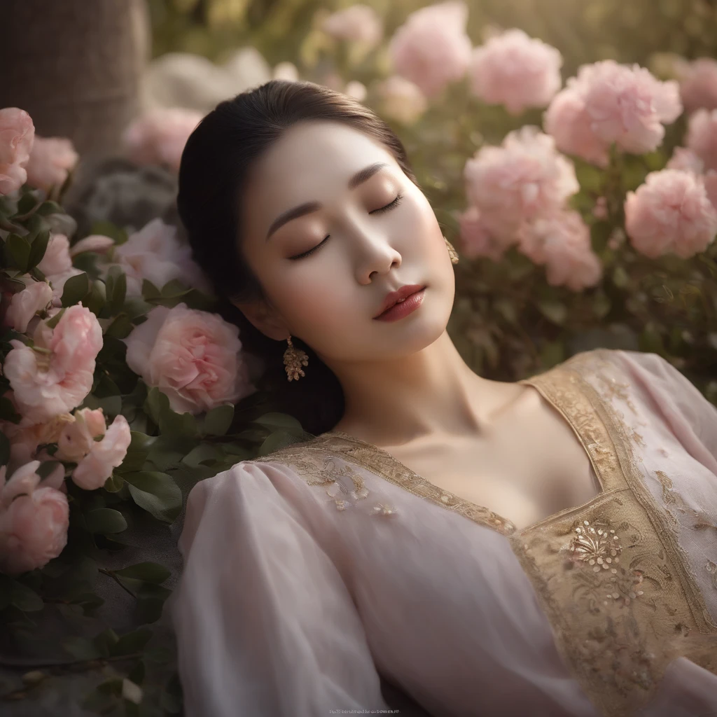 (best quality,4k,8k,highres,masterpiece:1.2),photograph,Detailed close-up of a Chinese woman lying down, with closed eyes and a serene expression on her face. Her body is positioned as though she is at rest, and the scene is set inside a grave. The gravestone is adorned with delicate flowers and surrounded by sand, creating a peaceful and tranquil atmosphere. The woman's skin appears smooth and flawless, with light reflecting off her features, emphasizing her beauty. The photograph captures the intricate details of her facial features, accentuating the high level of realism and precision. The lighting is soft and diffused, casting a gentle glow on the woman's face, adding depth and warmth. The color palette is muted, with subtle hints of pale pink and lilac, enhancing the overall ethereal and delicate feel of the image. The photograph evokes a sense of tranquility and contemplation, inviting viewers to immerse themselves in the captivating beauty of the scene.