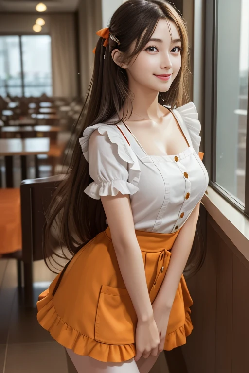 ((medium long hair:1.3)),(classical puffy short sleeve ruffle blouse,orange mini skirt,orange maid apron,button shirt,neck ribbon button gap,white thigh highs,happy smile,beautiful face focus,indoor window,in casual restaurantbeautiful background), 8K, masutepiece, Raw photo, Best Quality, Photorealistic, Highly detailed CG Unity 8k wallpaper, depth of fields, Cinematic Light, Ray tracing, (Extremely beautiful face, Beautiful lips, Beautiful eyes), intricate detail face, ((Ultra detailed skin)), (Full bodySHOT:1.5), 1 beautiful Japanese girl, 20 years old, __expression__, __age__, __hair__, (Small breasts:1.2), (standing:1.2)
