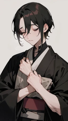 Black kimono from the Taisho period、Mourning clothes、(Pale-faced man)、(Sick man)、Upper Body、Closed eyes