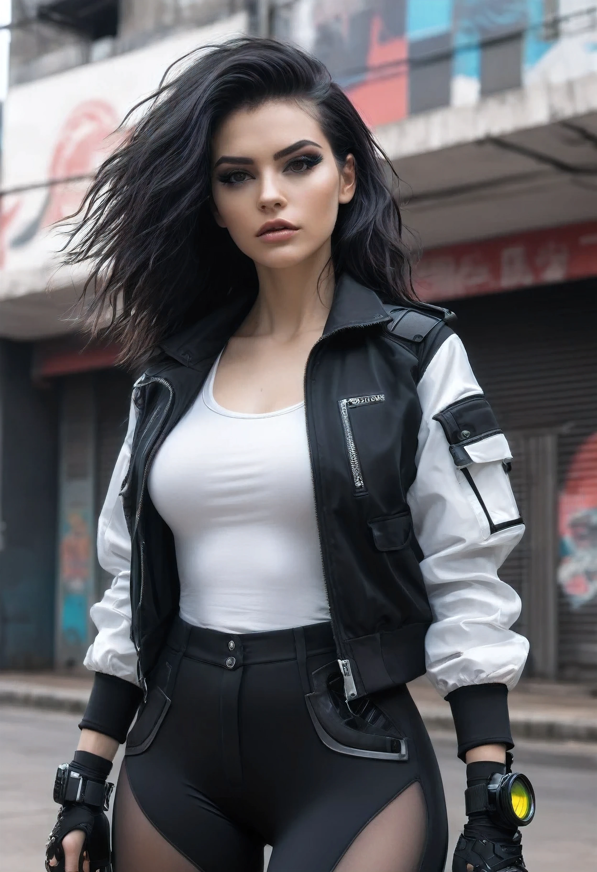 1 garota, tiro de perto, (cabelo branco, medium hair, olhos vermelhos), Anatomia perfeita, cidade, Estilo Cyberpunk, ((camisa branca, jaqueta preta, black pants, sobretudo futurista, cinto, luvas pretas, wristwatch, brincos, see through black leggings)), ((segurando arma)), guerra, ruinas cidade, , buildings
