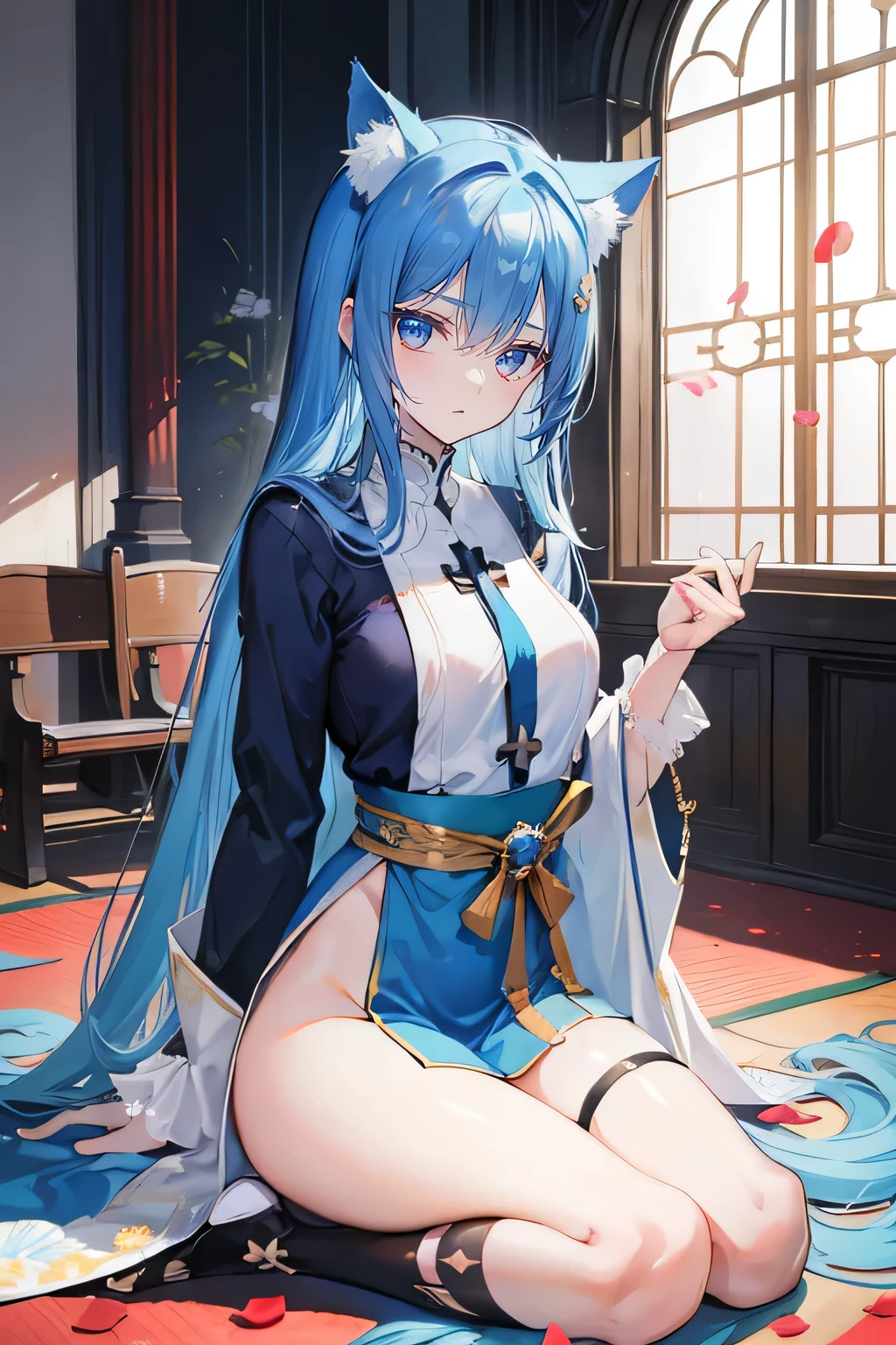 (masterpiece:1.2),Extremely detailed,Practical,expressive eyes,Fair skin,Perfect face shaping,1 Girl,
Japanese cartoons,Gorgeous blue hair, the long flowing blue hair,Floating clothes,Cat ears,Petals fall,beautiful lola,Young Angel,
Place your hands on your waist,sit elegantly on the ground,Cross your legs,Gentle and peaceful background,church,Nun&#39;s Clothes.