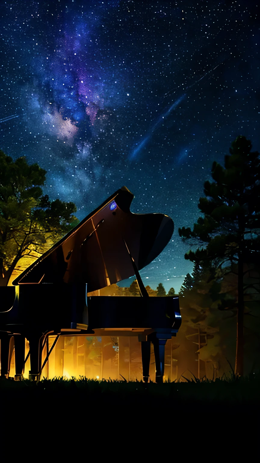 (((masterpiece)))、(((highest quality)))、((Very detailed))、silhouette,in the forest、(piano)、Starry Sky、milky way,The wind is blowing、