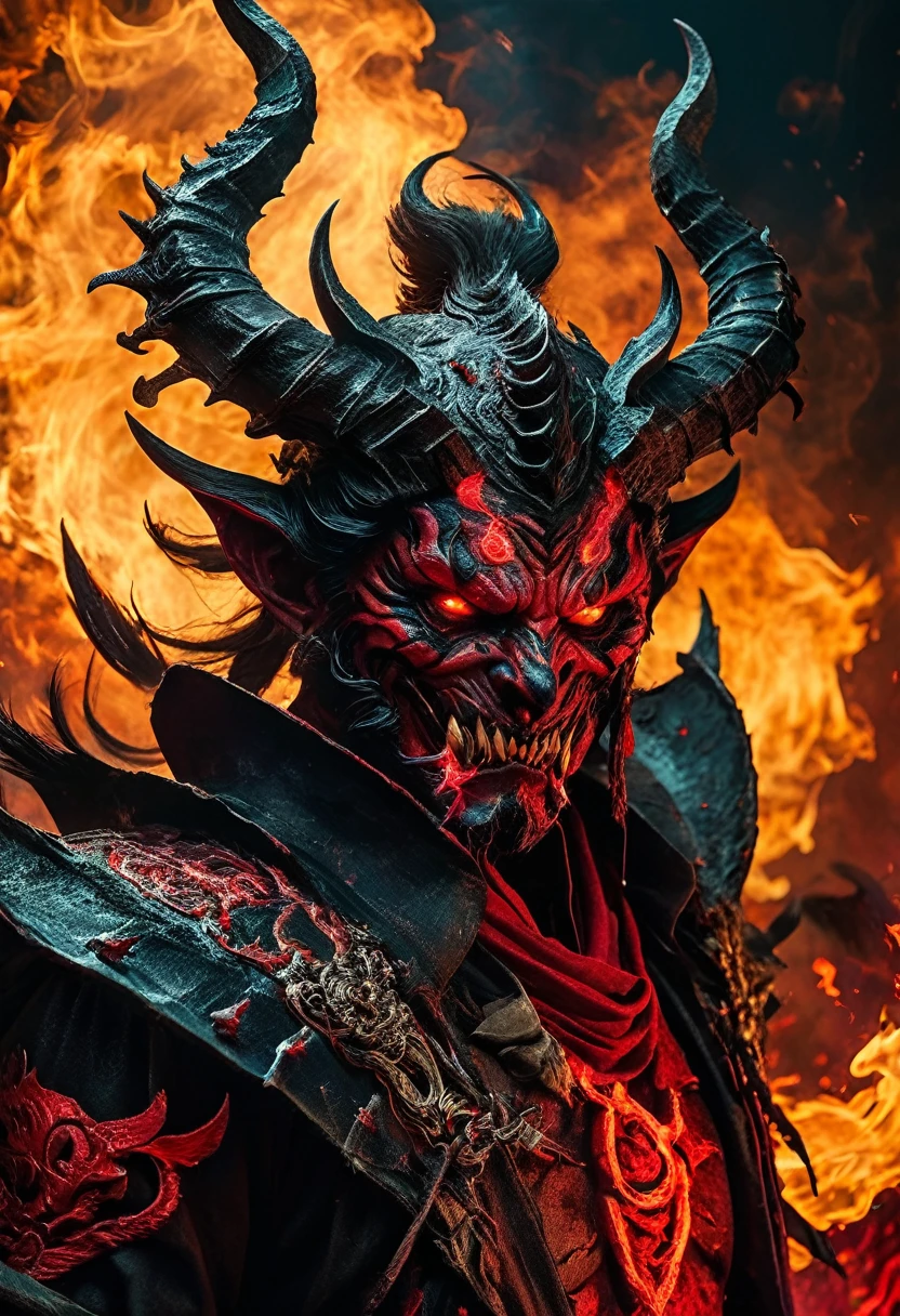 ((melhor qualidade)), ((obra-prima)), ((com tinta)), Jim Lee's intricately detailed majestic soft oil painting of Diablo of a horrifying red-skinned naked demon king standing in the fire,( no inferno:1.2), detalhado monstruoso bode maligno como rosto, casco torto, gritando, (morcego bem espalhado como asas:1.2), pele escamosa, (pernas de cabra, chifres de carneiro:1.2), chifres curvos longos, paisagem infernal ardente, barren, smoke billowing, almas torturadas, (Sparks:1.3) (close up facial extremo), sombras profundas, dinamic angle, profissional, soft-lighting, fotografado em uma Canon EOS R5, lente de 50mm, F/2.8, HDR, 8K分辨率, highres, alto detalhe, foco nítido, suave, rugosidade, vida real, fotorrealismo, fotografia, cinematic Film still from (holocausto canibal:0.3)| Scary Stories To Tell In the Dark| (doom:0.5)|o vazio
