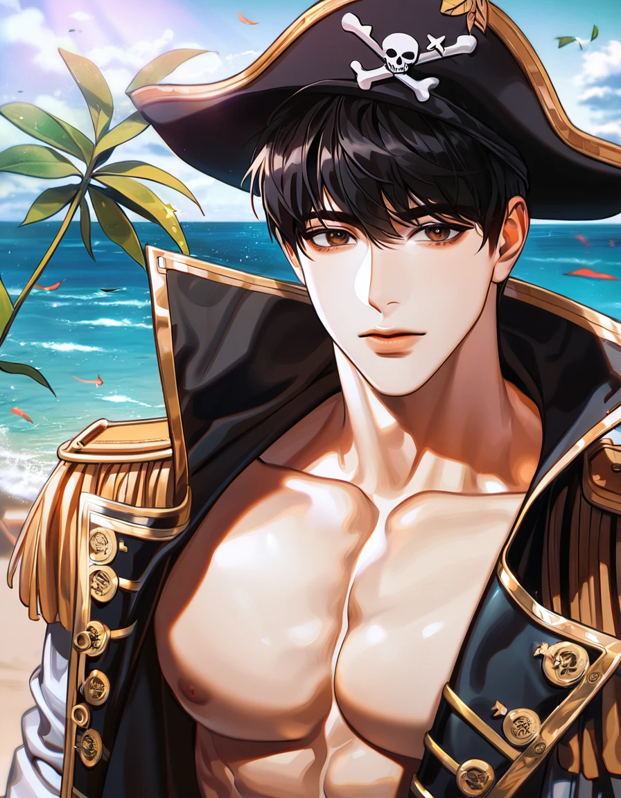 (absurdres, highres, ultra detailed, HDR) master piece, best quality, perfect face, delicated features, Kim Dokja, black hair, expressive brown eyes, Omniscient reader's viewpoint, solo, sexy man, handsome, toned chest, pirate clothes, black hat, sea, beach, leaves flying around