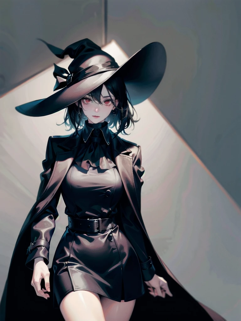 black French hat, black trench coat, Black scarf, Gauze wrapped around the neck, absurdres, RAW photo, extremely delicate and beautiful, masterpiece, Best Quality, ultra high resolution, 32k, hyperrealistic, ultra-detailed, detailed description, pale skin, 20 years old, tearful mole, earring, short medium hair, wavy hair, full body shot, legs, Red eyes, 
