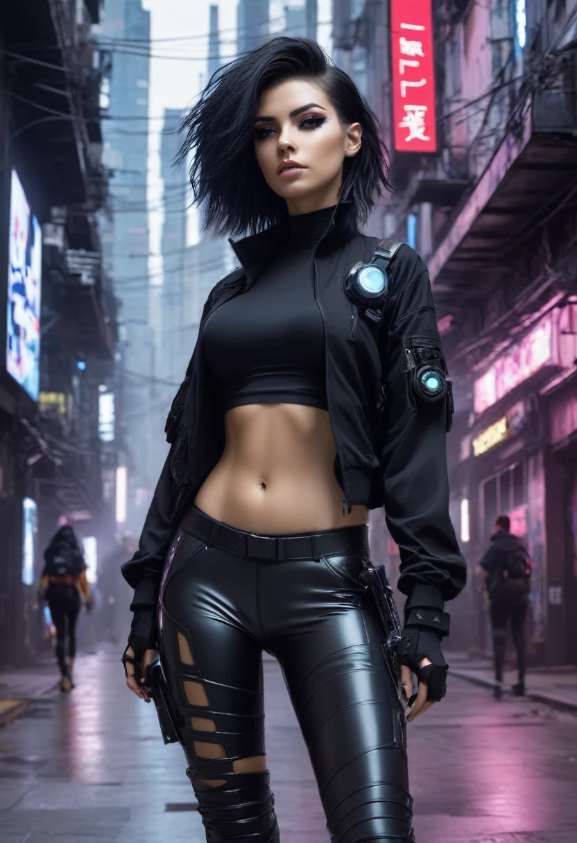 1 garota, tiro de perto, (cabelo branco, medium hair, olhos vermelhos), Anatomia perfeita, cidade, Estilo Cyberpunk, ((camisa branca, jaqueta preta, black pants, sobretudo futurista, cinto, luvas pretas, wristwatch, brincos, see through black leggings)), ((segurando arma)), guerra, ruinas cidade, , buildings
