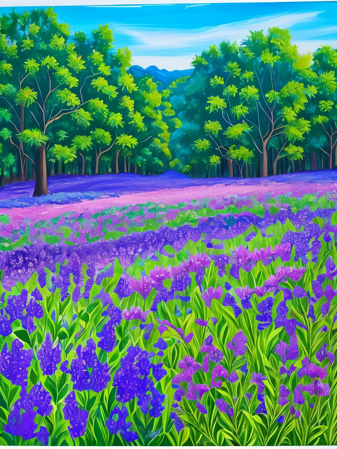 painting of a painting of a field of flowers with a sky background, blue and purple plants, vines and blue foliage, forest with flowers blue, blue forest, inspired by Pamela Ascherson, by Hermione Hammond, blue and violet, plants growing on it. gouache, by Helen Stevenson, lush garden leaves and flowers, detailed acrylic painting, blue and purple, intricate foreground