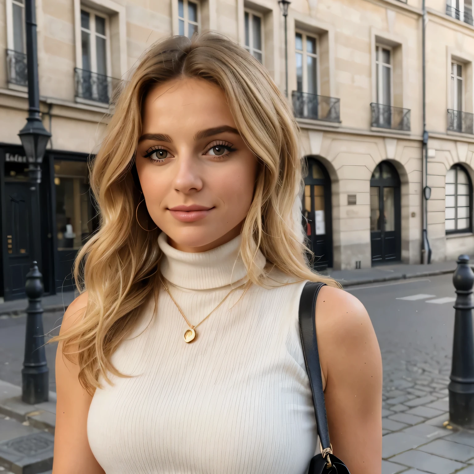 (Best quality), belle femme, angle de photo de dos qui montre ses fesses , sleeveless turtleneck top, pantalon, femme blonde, corps parfait, collier, wavy hair, visage parfait, beau visage, attractive, de grands yeux magnifiques, heureux, (Outside), rues de la ville, couleurs vives