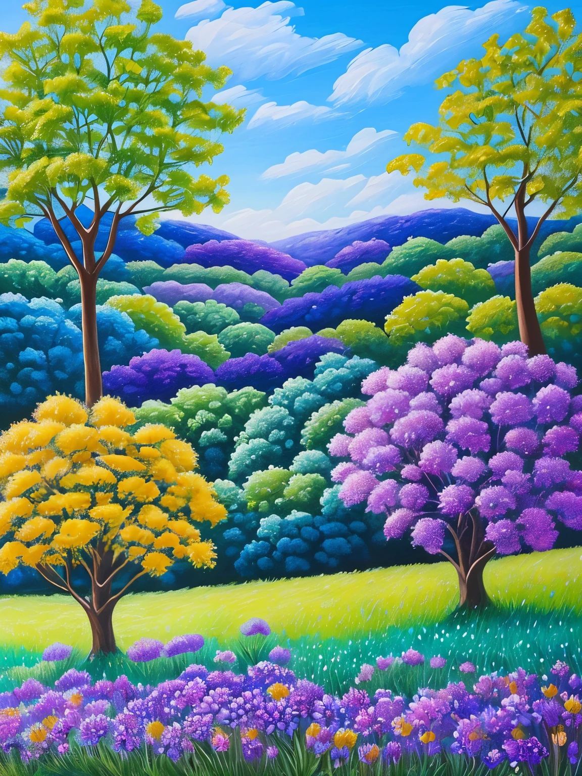 painting of a painting of a field of flowers with a sky background, blue and purple plants, vines and blue foliage, forest with flowers blue, blue forest, inspired by Pamela Ascherson, by Hermione Hammond, blue and violet, plants growing on it. gouache, by Helen Stevenson, lush garden leaves and flowers, detailed acrylic painting, blue and purple, intricate foreground