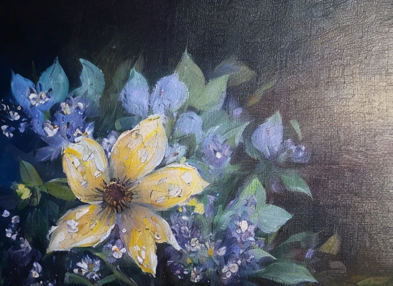purple and yellow abstract impressionist painting of azaleas in bottom left corner of canvas, fade into dark background, water drops on the petals, focus on foreground, thick paint