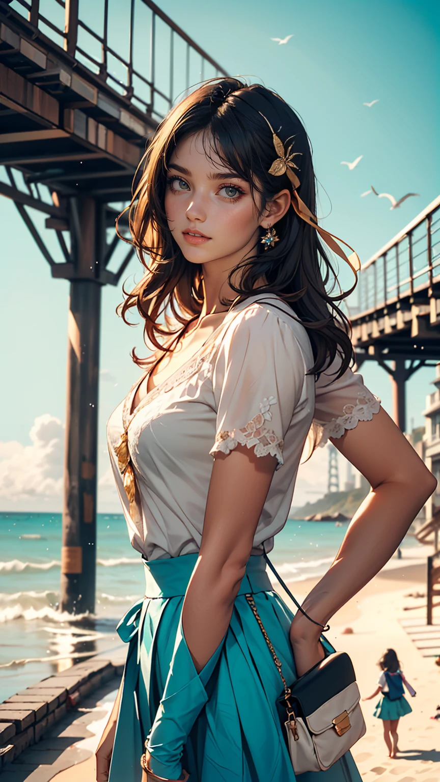 masterpiece,((Clear lines)), Limited edition palette,highest quality, Flat Color, Low contrast, ((One girl)),(((Very delicate and beautiful girl))),(Beautifully detailed face),(Beautiful fine details),{Long Hair},hair ornaments,((Middle chest)),Long black hair,Hair Ribbon, , Are standing,((View Viewer:1.6)), View from below,Beautifully detailed skies,Bright sky,Cloudy,sunlight, (Detailed Light),Lighting,colorful,Ocean,Beach, bridge,The way to school,Skyscraper, autumn, mist