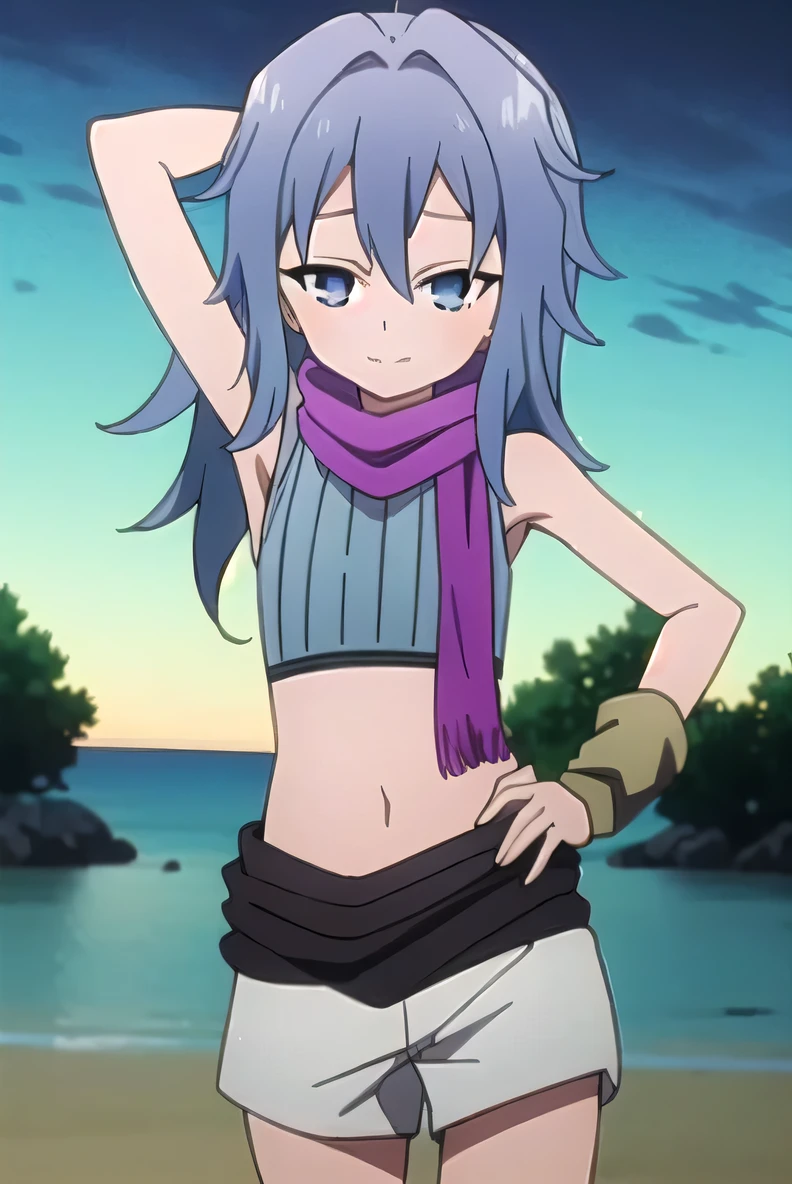 kunoichi_hagi, blue eyes, blue hair, long hair, crop top, sleeveless, purple scarf, shorts, closed mouth, solo, (cowboy shot:1.5), night sky, beach, arm behind head, hand on hip, contrapposto, spread armpits, looking at viewer, best quality, smile