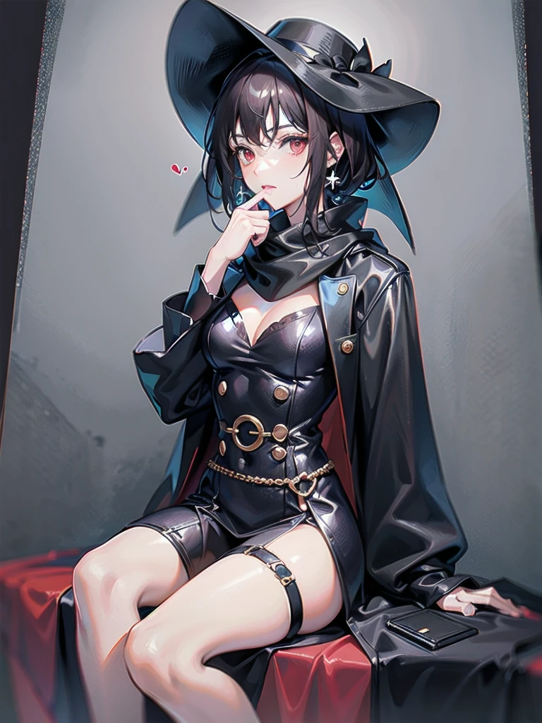 black French hat, black trench coat, Black scarf, Gauze wrapped around the neck, absurdres, RAW photo, extremely delicate and beautiful, masterpiece, Best Quality, ultra high resolution, 32k, hyperrealistic, ultra-detailed, detailed description, pale skin, 20 years old, tearful mole, earring, short medium hair, wavy hair, full body shot, legs, Red eyes,