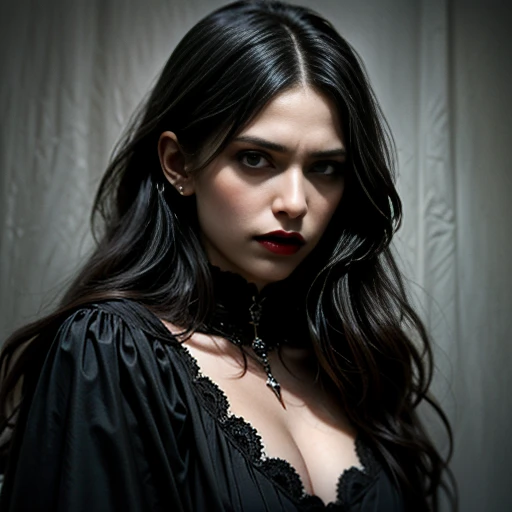 highest quality,Super detailed,Realistic,Black and White,photograph,Low Key Lighting,Fine feathers,Sharp focus,Gloomy atmosphere,Dramatic Shadows,Contrast,texture,Glamorous decoration,Fine Art Prints,High resolution,Monochrome,Impressive composition,Exquisite detail,high Contrast lighting,À la Fed image of woman with long hair and black dress, beautiful female vampire, dark vampire, vampire girl, female vampire, Black Hair, Dark Hair, beautiful vampire queen, woman vampire, beautiful vampire female queen, vampires fantasy, vampire portrait, carmilla vampire, vampire, victorian vampire, 素晴らしいBlack Hair, Dark Beauty, portrait of beautiful vampire