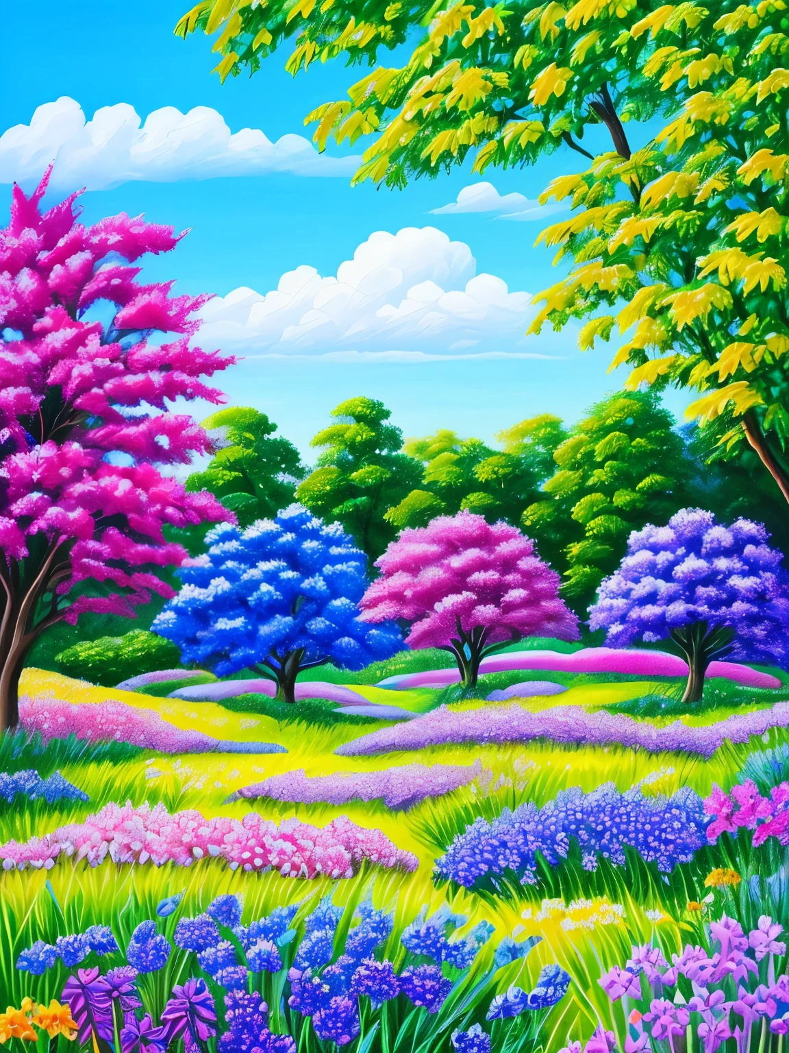 painting of a painting of a field of flowers with a sky background, a detailed painting inspired by Pamela Ascherson, trending on cg society, metaphysical painting, blue and purple plants, vines and blue foliage, forest with flowers blue, blue forest, blue and violet, plants growing on it. gouache, lush garden leaves and flowers, detailed acrylic painting, blue and purple