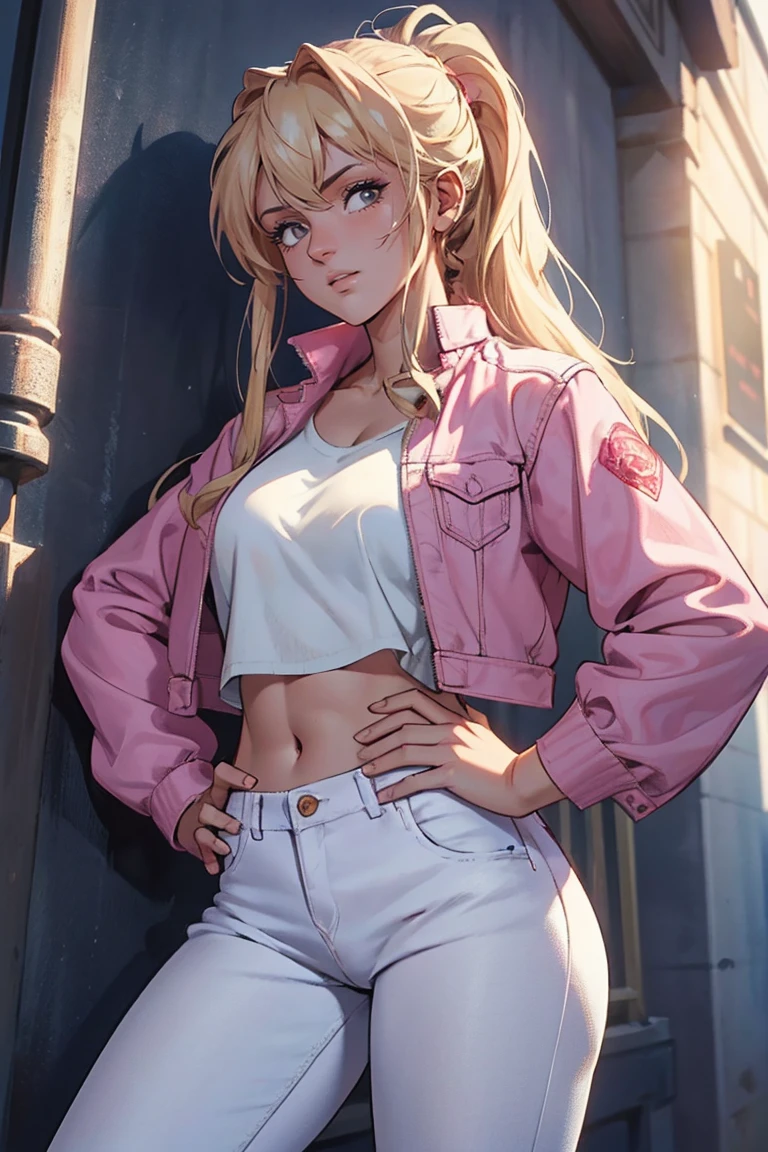 masterpiece, ultra quality, Beautiful detailed, extremely detailed,16K, exquisite, highres, Beautiful background, Beautiful eye, Beautiful skin, Bold line, anime style, chest focus, (Kaori stands with her hands on her hips, wearing a pink shirt over a white denim jacket and blue denim jeans.), Kaori, 1 girl, alone, 27 years old, gesturing with sexy genitals pose, cheeky pose, Tomboy, woman&#39;s whole body, perfect figure, anger, blush, erotic, fascinating, Charm, beautiful woman face, deep red eyes, well-shaped eyelashes, Perfect eyes, beautiful woman, slender body, beautiful big breasts, cleavage, perfectly chiseled abs, beautiful long legs), white denim jacket, pink t-shirt, Blue denim jeans, (perfect arms, perfect hands, perfect fingers, perfect anatomy), humid, humid, (looking at the viewer), indoor, perfect quality, good quality, masterpiece, HDR, UHD,