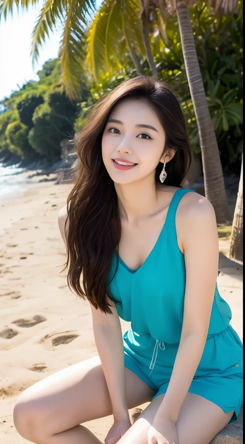 （（Best quality, A masterpiece in 16K quality:1.3)),A young man, Beautiful and lovely Korean actress，Full body image，Extremely beautiful and exquisite，black hair，Pouting Smile，Delicate, beautiful and fair skin，Realistic and realistic，Exquisite and complete facial features，Detailed depiction of face，High nose bridge，smooth hair，Extremely fine hair，femininity，High and tall，Thin，real，White Teeth，tie up with hair，Surrealism，sandals，Full body shot，There are seagulls flying，Forward tilt angle,Ultimate image quality,Highest precision,Precise and perfect human anatomy。Blue sky and white clouds，Blue sky and white clouds，Sunlight，Chiffon Top，There are coconut trees（Chiffon shorts)（Telephoto shooting，）Express the landscape，highlight portrait。Sitting on the beach。Wearing earrings
